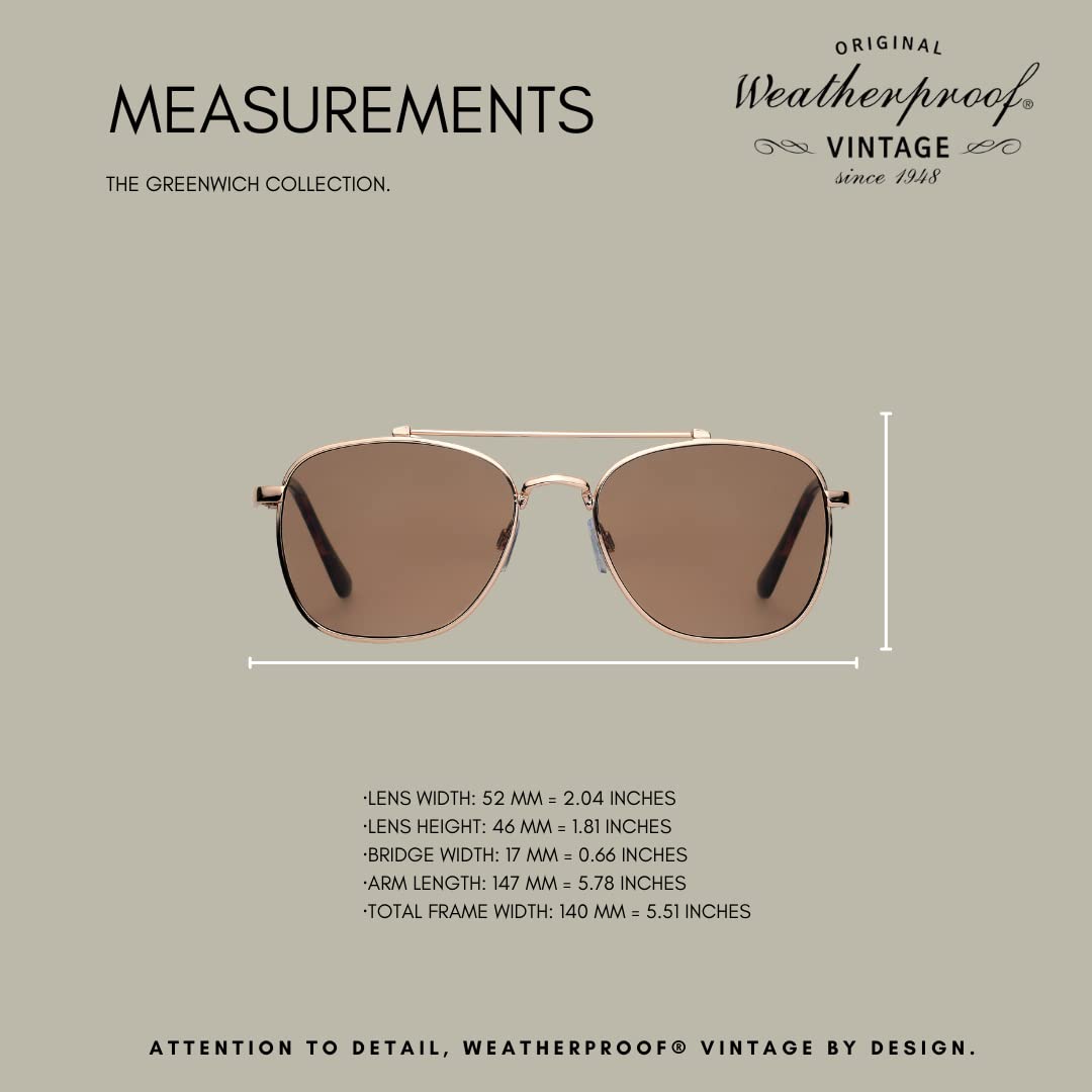 WEATHERPROOF VINTAGE Gafas de sol de diseño para hombre, protección UV400, marco de aviador cuadrado de metal duradero, Dorado brillante, Large