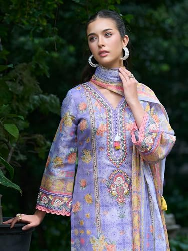 Image of INDO ERA Women's Straight Linen Floral Printed Kurta & Pant with Dupatta Set | Kurta Sets For Woman