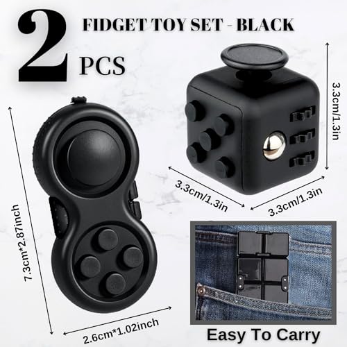 Yeefunjoy 2Pcs Anti-Stress Würfel Spielzeug, Fidget Toy Cube, Fidget Pad Controller zum Stressaubbau bei Nervösität für ADD, ADHS, Autismus, Teenager, Kinder, Erwachsene (Schwarz)