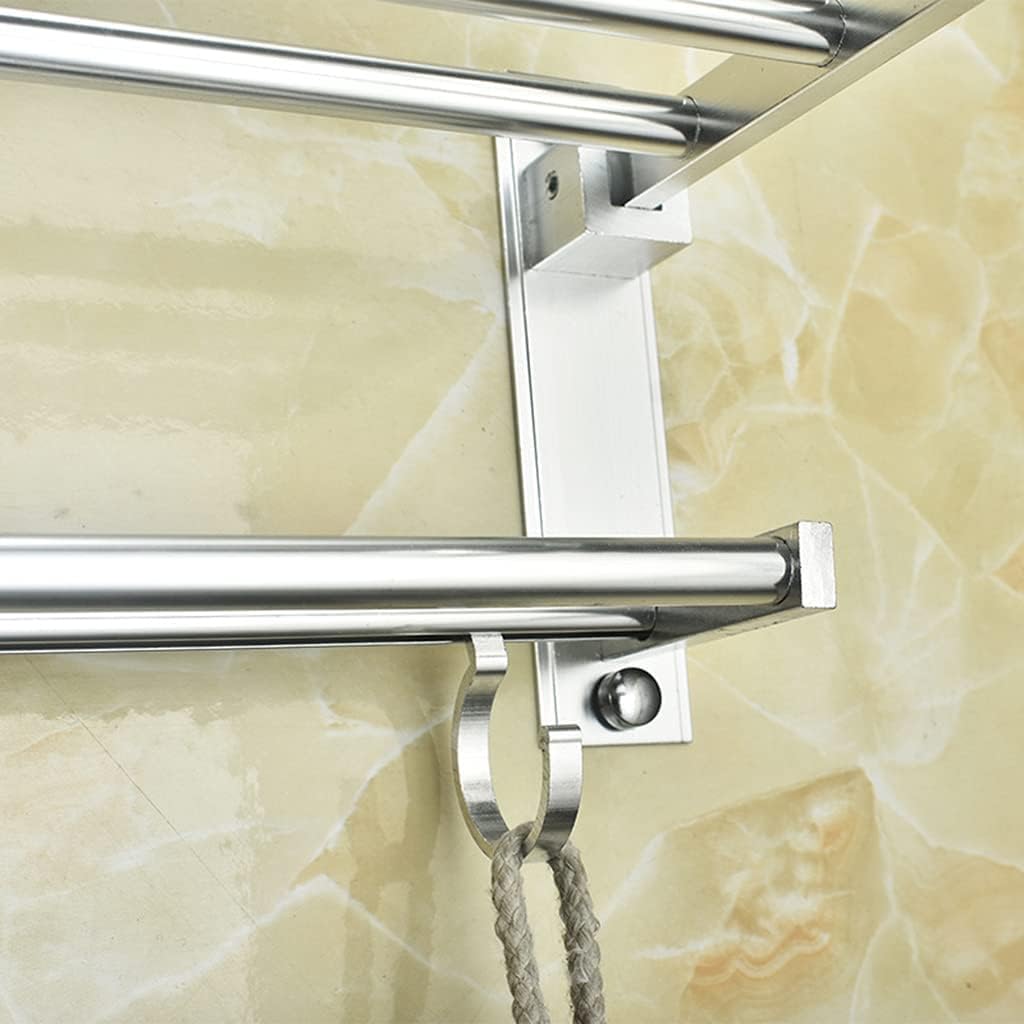 タオルラック タオル棚 多機能タオルラックスペース アルミニウムタオル収納 キッチン用フック付き壁掛けバスタオルレール シルバー/5