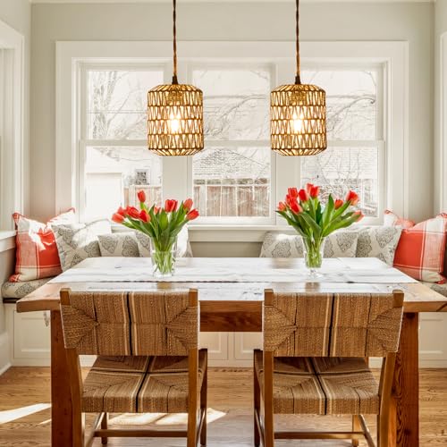 Image of Plug in Pendant Light with 6W LED Bulb Warm Light(3000K) Dimmable Switch Cute Rattan Hanging Lamp Cord 15ft Hand Woven Plug in Chandelier Boho Hanging Lights Fixture for Bedroom Kitchen