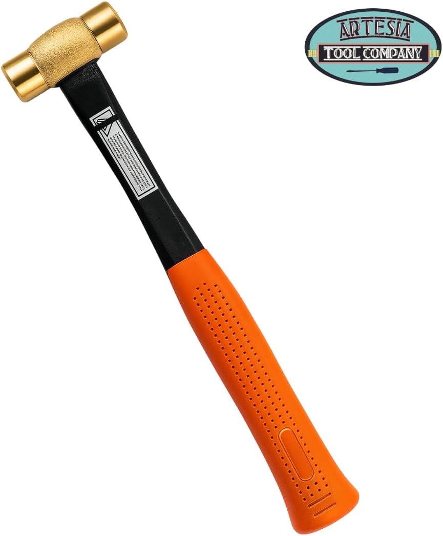 12.7" (32.2 cm) Double-Sided Brass-Head Hammer | Striking Brass-Head Diameter 1" (2.5 cm) | 16 oz Weight | Non-Marring & Spark-Proof | Ergonomic Rubberized Grip