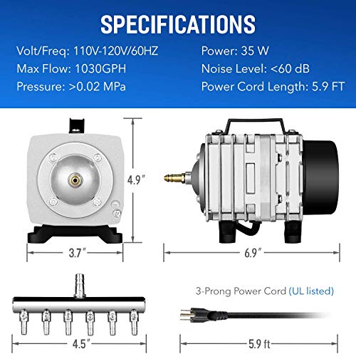 Simple Deluxe Lgpumpair65 Air Pump 1030 Gph 35W 65L/Min 6 Adjustable Air Flow Outlets With Airline Tubing 25 Feet For Aquarium, Pond, Hydroponics System, Silver #TOP1