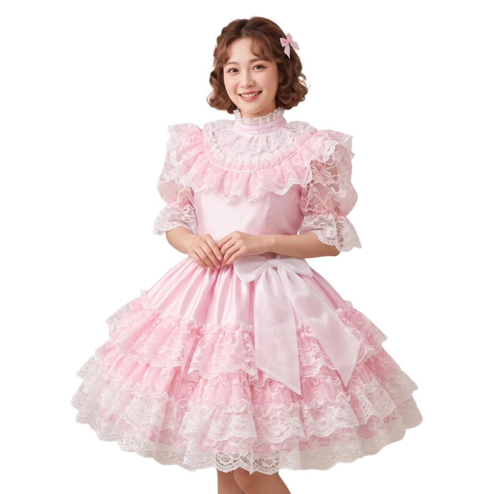 TIANXIAOQWE Adult Lockable Sissy Pink Satin Bow Lace Ruffle Maid Dress Cosplay Party Halloween Club Customizable
