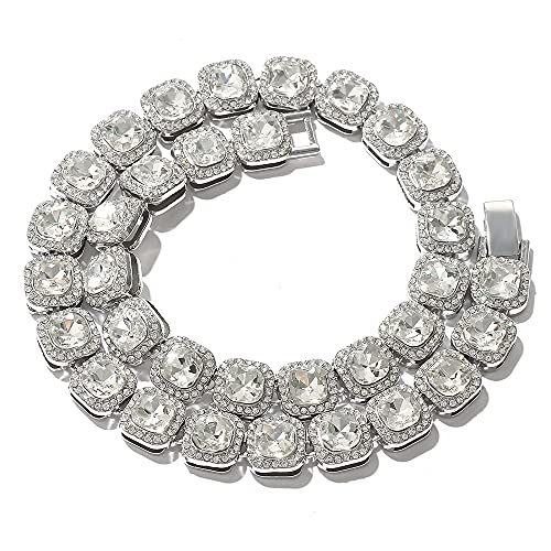 13Mm Iced Out Jumbo Square Cz Diamond Necklaces 18K Gold Plated Shiny Sparkling Cubic Zirconia Tennis Chains For Women Men (Silver Color, 18) #TOP3