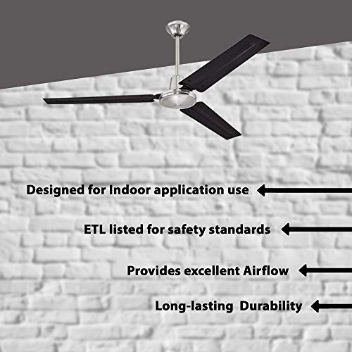 Ciata Lighting Garage Ceiling Fan, Shop Ceiling Fan, Commercial Ceiling Fan, Industrial 56 Inch Three Blade Indoor Ceiling Fan, With Black Steel Blades In Brushed Nickel Finish #TOP1