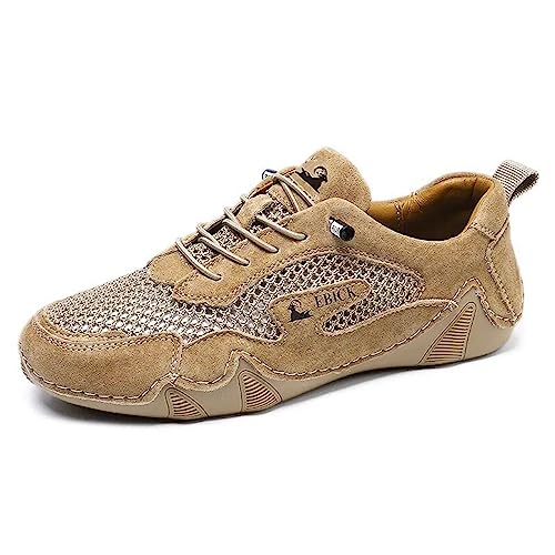 Boxpopla Women's Leather Outdoor Mesh Trail Shoes for Hiking & Walking Unisex Non-Slip Slip On Lightweight Sneakers Breathable Comfort Soft Summer Sports Driving Shoes (Khaki,10.5)