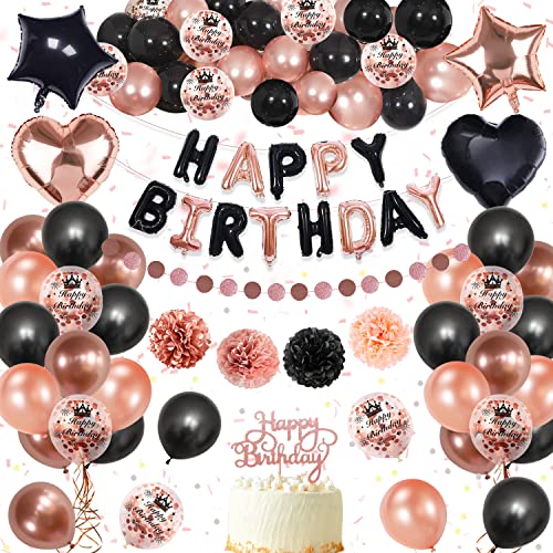 Decoration Anniversaire Or Rose Noir Ballons, DJLLA Happy Birthday Decoration Banderole Joyeux Anniversaire, Pom Poms en Papier pour Fille Femme 16 18 20 21 30 40 50 60 70 80 ans Réutilisable