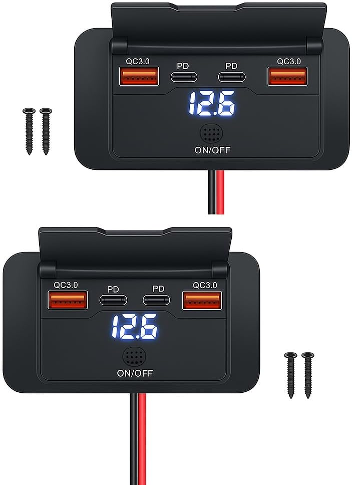 96W 12V USB Outlet Panel Wall Mount–Dual 36W PD & Dual QC3.0 18W Car USB Charger Socket, Waterproof Switch, Surface Mount for RV, Boat, Truck, ATV, Marine (2 Pack)
