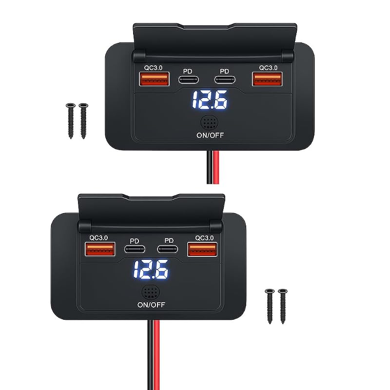 Painel de Tomadas USB 12 V para Montagem de Sobrepor Keedin com 2 USB-C PD de 36 W, 2 USB-A QC3.0 de 18 W e Interruptor, Kit com 2