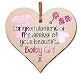 Handmade Wooden Hanging Heart Plaque Gift Congratulations on the arrival of your beautiful baby girl new baby present new parents pink nursery wall decoration crayon style