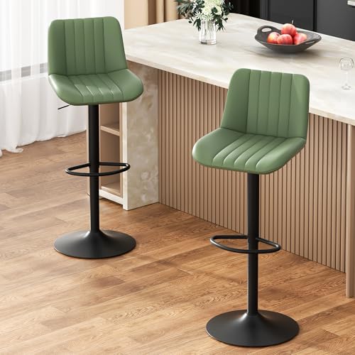 Image of JAMFLY Modern Leather Bar Stools - Swivel & Height-Adjustable Bar Chairs with Footrest, Ergonomic Design for Kitchen Island, Home & Commercial Bar - Set of 2, Green