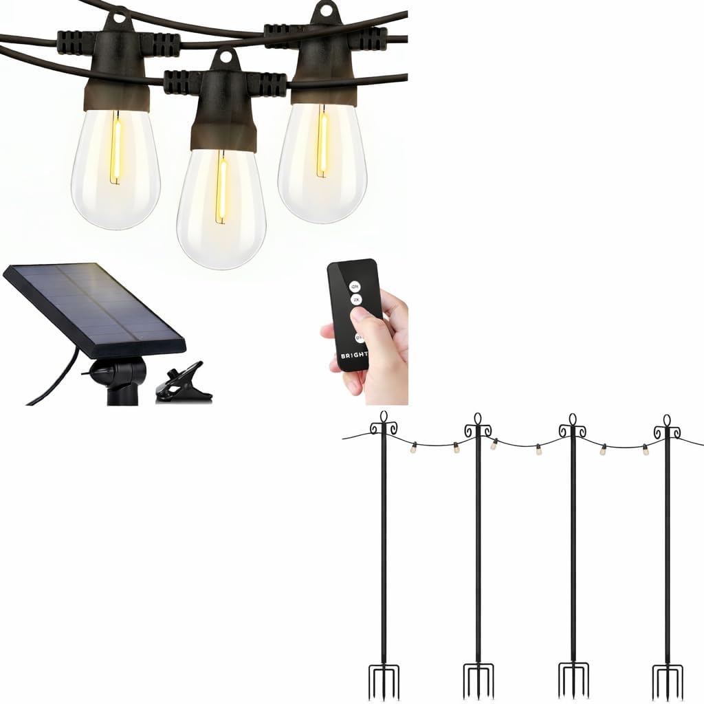 Brightech Bundle Ambience Pro Solar Powered Outdoor String Lights, 48ft + 4-Pack 10FT String Light Poles
