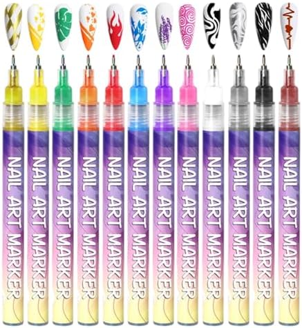 12 Colors Nail Art Pens Set, 3D Nail Art Markers Doodle Pen for K...