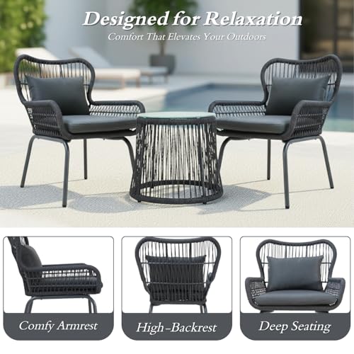 Image of DEVOKO Outdoor Patio Garden 3 Piece All Weather Water Resistant Furniture with Cushion & Center Table for Balcony, Backyard, Lawn, Terrace (Dark Grey & Grey)