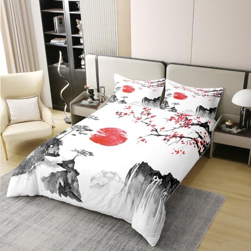 Housse de Couette 220x240cm Ukiyo-e Japonais Sakura Rouge - 3