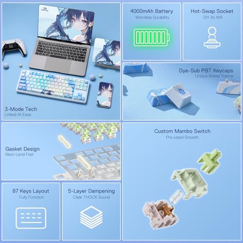 Image of Redragon K707 PRO SE 80% Wireless Gasket RGB Gaming Keyboard, 3-Modes 87 Keys TKL Anime Mechanical Keyboard w /Hot-Swap Socket, Dye-Sub PBT Keycaps & 5-Layer Noise Dampening, Custom Linear Switch