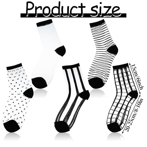 5 Pairs Sheer Socks, Black Mesh Ankle Socks, Ultra-Thin See Through Socks, Checkered Dot Striped Plaid Ankle, Thin Fishnet See Through Socks, Summer Casual Crew Socks2