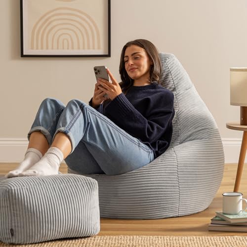 Icon Dalton Sitzsack mit Hocker Cord, Grau, Gaming Sitzsack Erwachsene mit Füllung, Bean Bag...