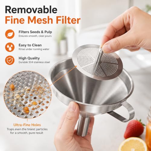Image of Stainless Steel Funnel with Removable Strainer, 11 cm Wide Mouth Metal Funnel for Bottling Oil, Juice, Powder & Liquid Transfer, Kitchen Filling for Jars, Bottles and Containers