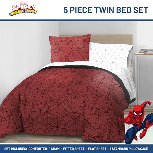 Image of Marvel Spiderman Twin Comforter Set 5 Piece Bedding for Boys, Red