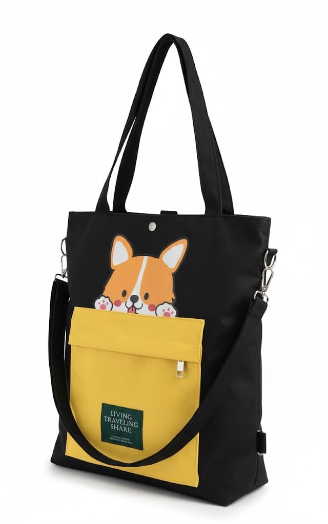 Tote Bag Corgi Dog Canvas Shoulder Bag with Cute Cartoon Design, Casual Shopping Handbag with Front Pocket For Women-image-41