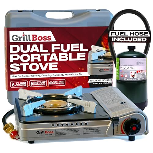 Grill Boss Dual Fuel Camp Stove – 12,000 BTU Butane & Propane Portable Stoves for Camping, Emergencies, BBQ, Hiking & Backpacking – Double Wind Guard, Instant Piezo Ignition System – 90057