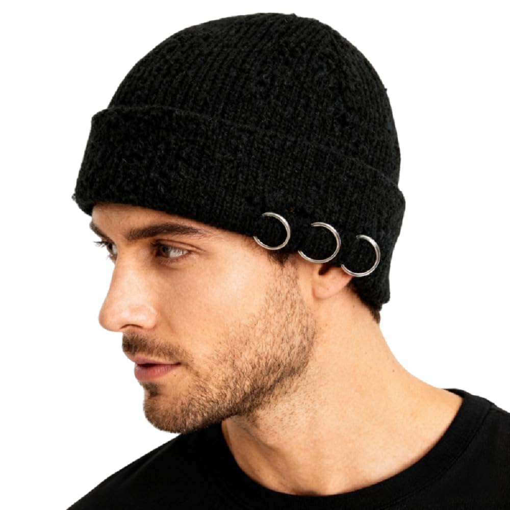 Swag Short Fisherman Beanie for Men Women Rolled Cuff Beanie Skull Caps Wool Knit Winter Ski Hat with O Rings