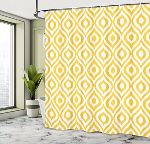 Ambesonne Yellow Shower Curtain, Ikat Style Pattern With Ogee Shapes Waves And Curves Design Print, Cloth Fabric Bathroom Decor Set With Hooks, 69" W X 75" L, White Yellow #TOP3