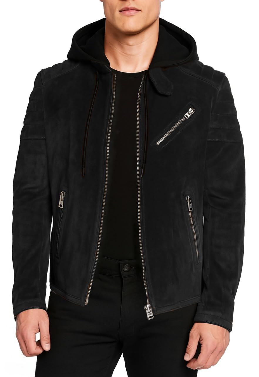 blaq ash Men's Suede Biker Jacket with Removable Hood, Quilted Sleeves, Black, Brown, Grey-picture-48