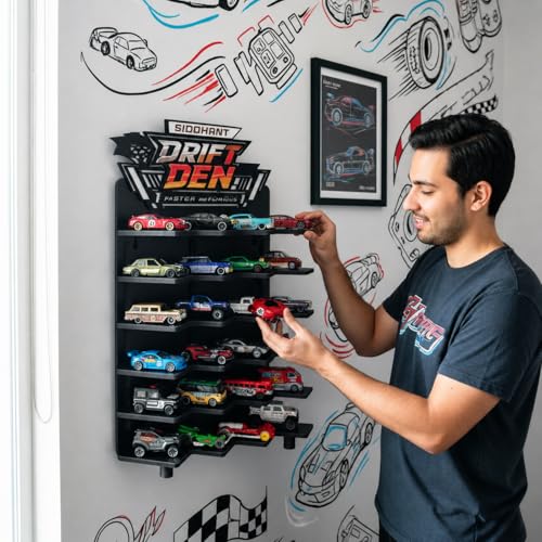 Image of 24 Slot Diecast Car Display Garage Rack for 1:64 Scale Cars | Wall Mounted Toy Car Organizer with Custom Name Plate | Wooden Display Stand for Kids Room & Collectors (Cars Not Included)