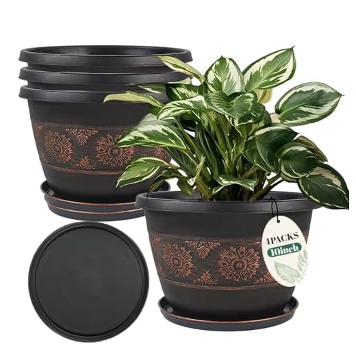Usocik 4 Pack 10 inch Plant Pots, Retro Pattern Planters with Drainage Holes and Saucer, Sturdy Plastic Garden Flower Pots for Indoor & Outdoor Plants