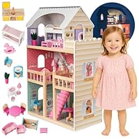 Mamabrum Dolls House with Furniture Set – Large 3-Story Wooden Doll House with LED Lights – Fully Furnished Dollhouse for Girls – Pretend Play Set for Kids 3+