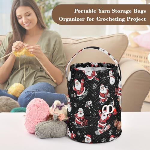 Image of ElliTarr Crochet Bag Yarn Bag with Handle Portable Knitting Project Bag Travel Yarn Storage Organizer Holder Case Black Santa Claus Snowmen Deer