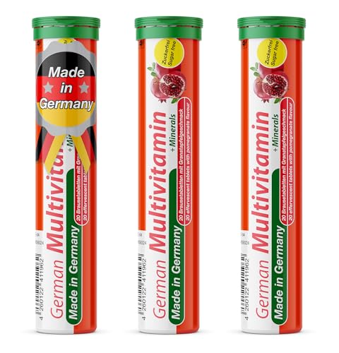 German Multivitamin + Mineralien Drink Effervescent Tablets 60 Servings Pomegranate Flavour – 10 Vitamins + 2 Minerals – Made in Germany