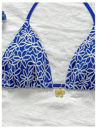 WDIRARA Women's Floral Textured Halter Bikini Top String Triangle Hawaiian Swimsuit Tops3