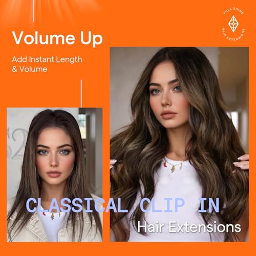 Image of Full Shine Human Hair Clip in Extensions Double Weft | Clip Hair Extensions Real Human Hair, Balayage Dark Brown to Ash Brown, Remy Hair, Straight Hair, 20 Inch 7 Pcs 120g