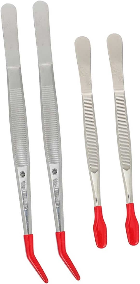4pcs Rubber-Tipped Elbow Tweezers Set Stainless Steel Straight Curved Precision Tweezers for Home Lab and Craft Use
