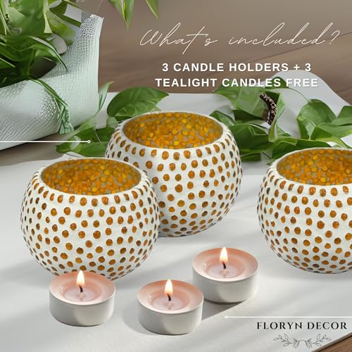 Image of Floryn Decor Morrocan Mosaic Candle Holders | Home Light Decorations Items | Mosaic Glass Tealight Holder | Best lamp for Diwali Decoration | Pack of 3 (with 3 Tealight Candle Free)