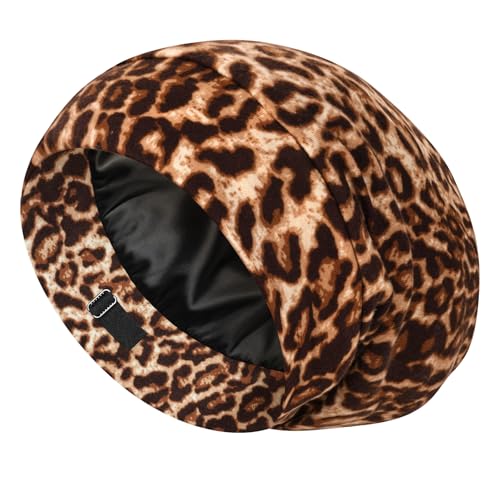 LULUSILK 100% Mulberry Silk Bonnet for Sleeping No More Frizzy Tangled Hair Stay On All Night Adjustable Silk Night Cap for Sleeping Brown Leopard Pack of 1