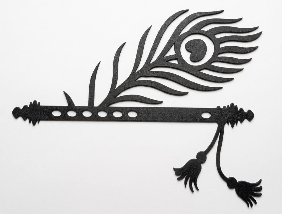 MDF Bansuri Flute with Peacock Feather Wall Art, Black Silhouette Decor, 300 x 180 mm-image-6