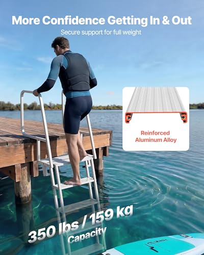 Image of VEVOR Flip-Up Dock Ladder, 5-Step, Heavy-Duty Aluminum Alloy Pontoon Boat Swim Ladder, with Non-Slip Wide Steps, 350 lbs Weight Capacity, Pull Rope Assist, Comfort Use for Lake Pool Marine Boarding
