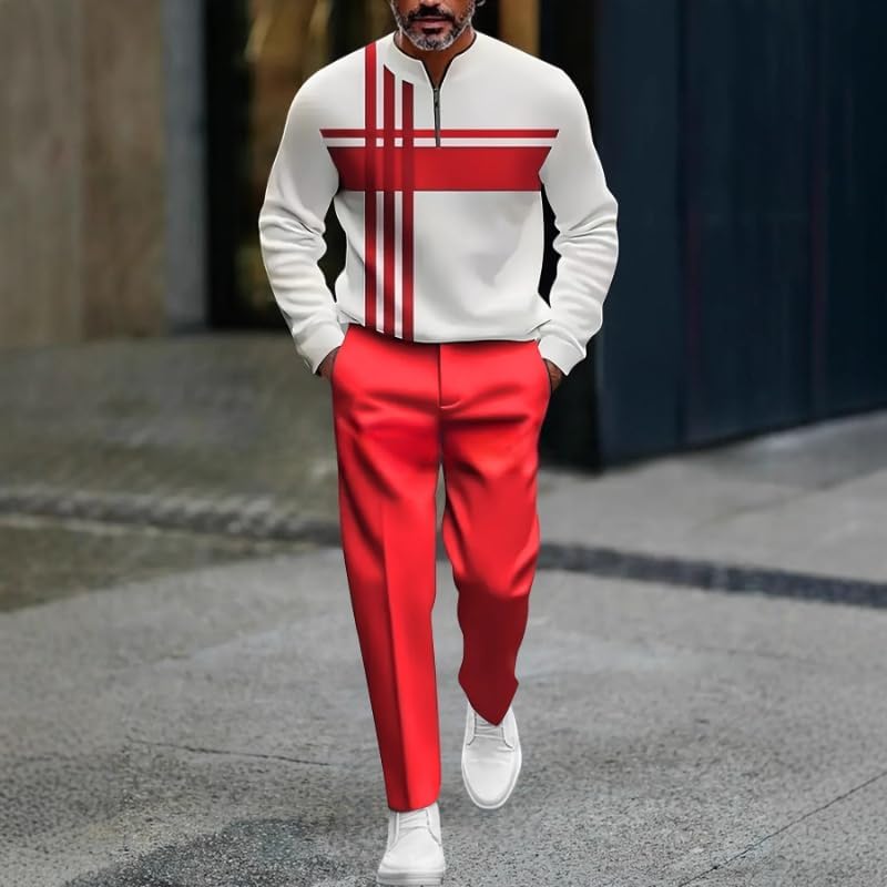 Men's color blocked half zipper pullover sportswear set, casual printed shirt and jogging pants two-piece set