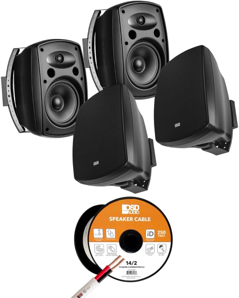 OSD Audio High-Power Outdoor Speaker Package – 2 Pairs AP850 8″ Black Wall Mount Speakers with 250 ft Heavy-Duty 14-Gauge OFC Wire