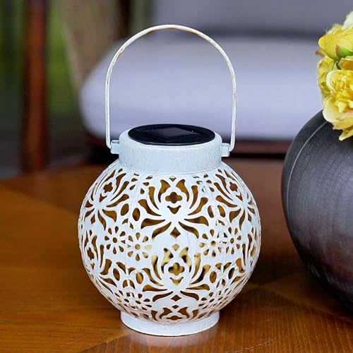 Image of 2 Pack Outdoor Solar Hanging Lantern Lights Metal LED Decorative Lamp for Garden Patio Courtyard Lawn and Table with Hollowed-Out Design (White)
