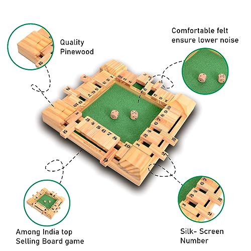 Image of Clapjoy Shut The Box Dice Game for Kids & Adults [4 Sided Large Wooden Board Game, 2 Dice + Repeat Scorecard Usage] Educational Math Learning Toy, Table Top Game for The Party Family