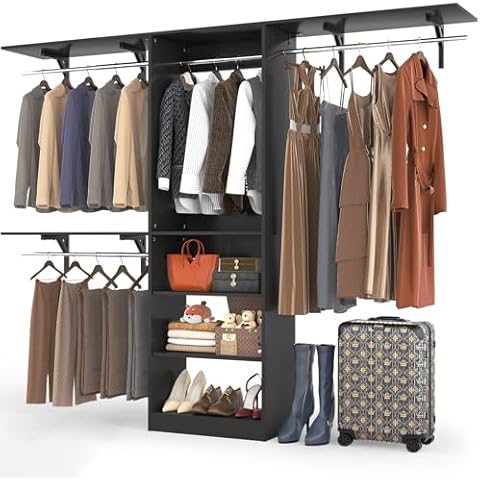 Girapow 96 inch Closet System with Storage Shelves, 8FT Closet Organizer System with 3 Hanging Rods & Shelves Adjustable, Wall-mounted Closet Organizers Storage System for Walk-in Closet, Black Cover