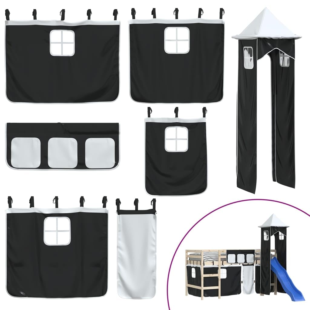 Kinder Hochbett Vorhang Set mit Turm, Spielzelt Aufsatz für Hochbetten, Versteck Spielhöhle für Kinderzimmer, Schwarz Weiß, Polyester Spielhaus Zubehör