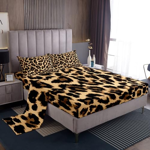 Leopard Print Bedding Set Africa Cheetah Print Bed Sheet Set Safari Animal Fitted Sheet for Kids Teens Boys Girls Men Women Room Decor Black Brown Leopard Bed Cover Bedding Sheet Twin Size 3Pcs