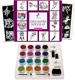 Ingala PREMIUM Glitter Tattoo Kit for Girls | Unique Professional Glitter Tattoos for Kids and Adults | 74 Amazing Glitter Tattoo Stencils | 2 XL (15ml) Glitter Tattoo Glue